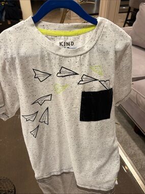 Boys White Speckled Tee with Black Pocket and Neon Lime Accents